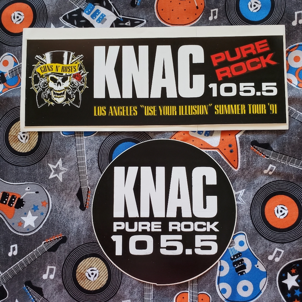 KNAC 105.5 FM Radio PURE ROCK Guns and Roses 1991 pin and bumper sticker Ltd. Ed